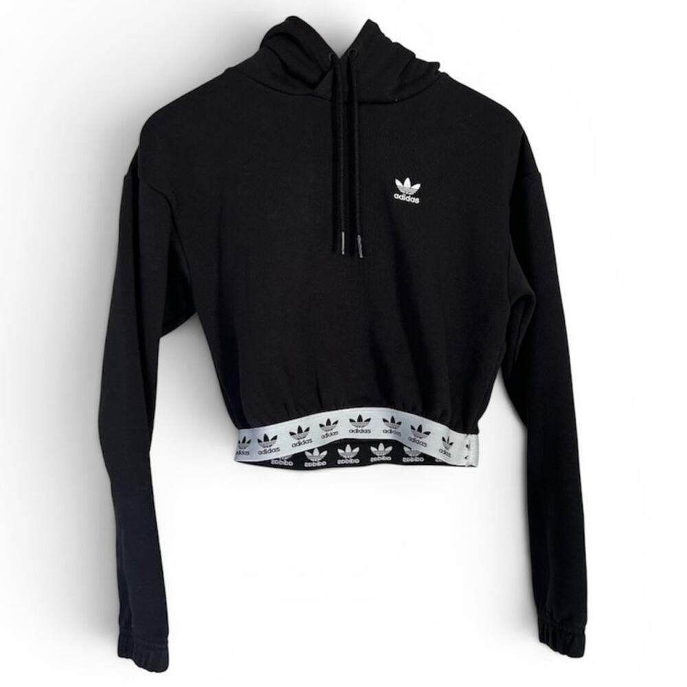 Adidas Women's Cropped Hoodie Black Trefoil Sweatshirt Pullover Workout Size XS - Picture 2 of 15